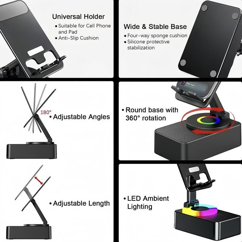 Wireless Audio Bluetooth Speaker 5In1 Phone Holder Emergency Rechargeable Withcolorful Ambient Light 300° Foldable for Tablet Iphone Android, Gifts for Men Women ，Black