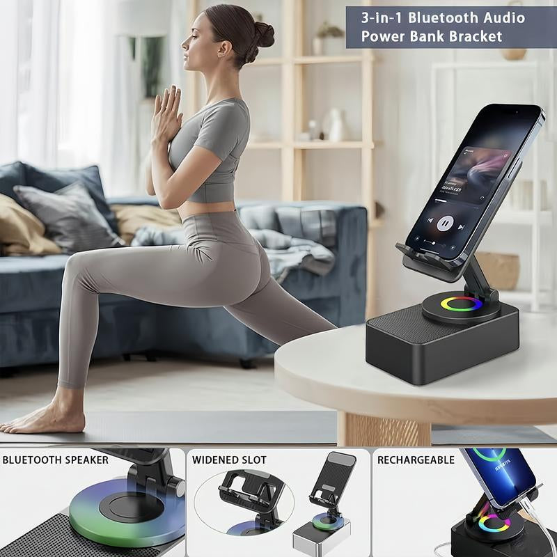 Wireless Audio Bluetooth Speaker 5In1 Phone Holder Emergency Rechargeable Withcolorful Ambient Light 300° Foldable for Tablet Iphone Android, Gifts for Men Women ，Black