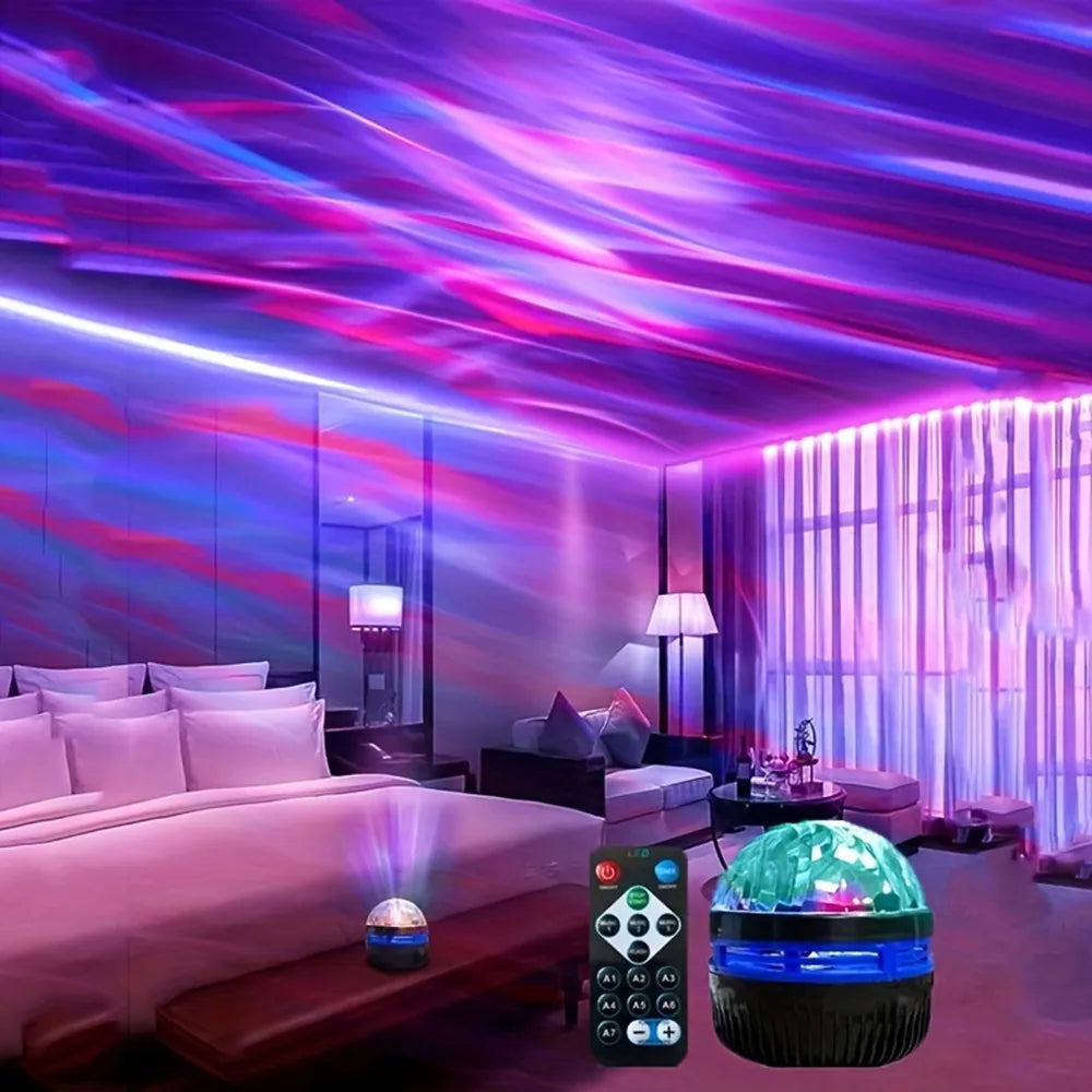 Lumora Aurora Galaxy Projector with remote control in bedroom setup