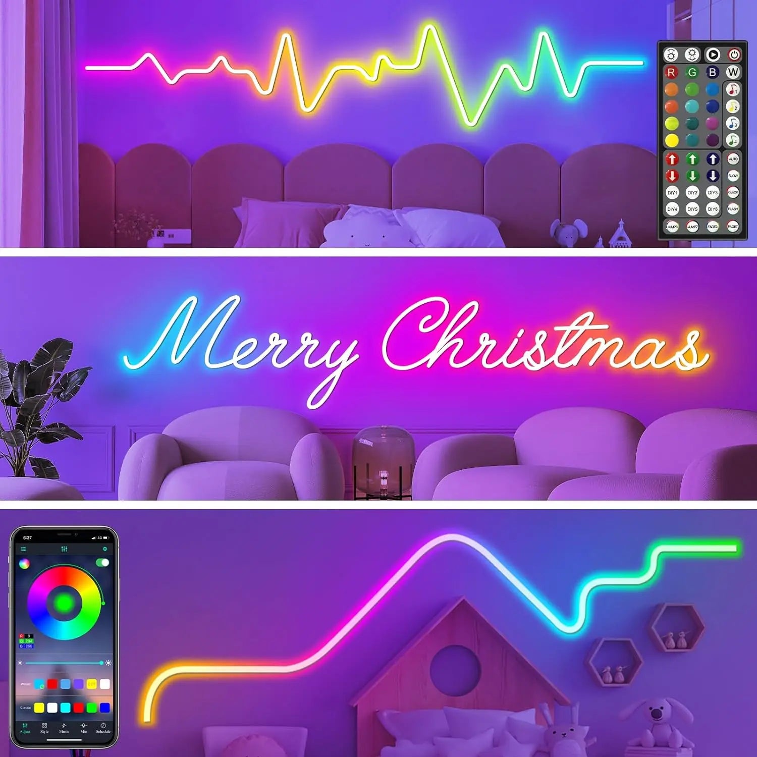 Lumora Neon Rope Light installed along bedroom wall