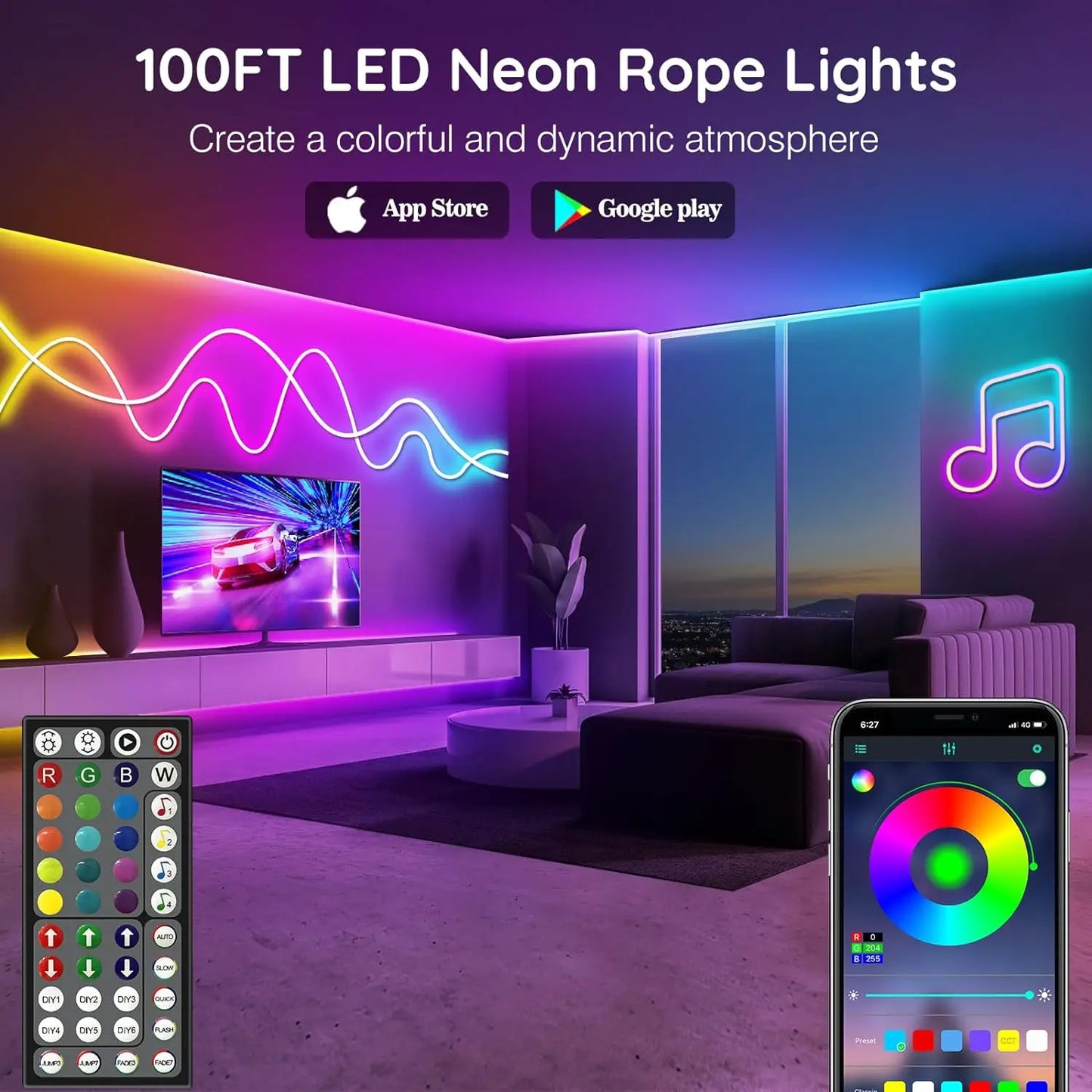 Lumora Neon Rope Light colour modes — full RGB spectrum